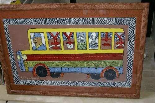 RARE UNIQUE COLORFUL  FOLK ART PAINTING PAPUA NEW GUINEA HUMOROUS ARTIST: TRIBAL WARRIORS TRAVELLING BY BUS & FRAMED IN SIGNED HAND PAINTED FRAME TO MATCH THE ART DESIGNER COLLECTOR WALL CARTOON  ART  38" X 27” HUGE DFP1