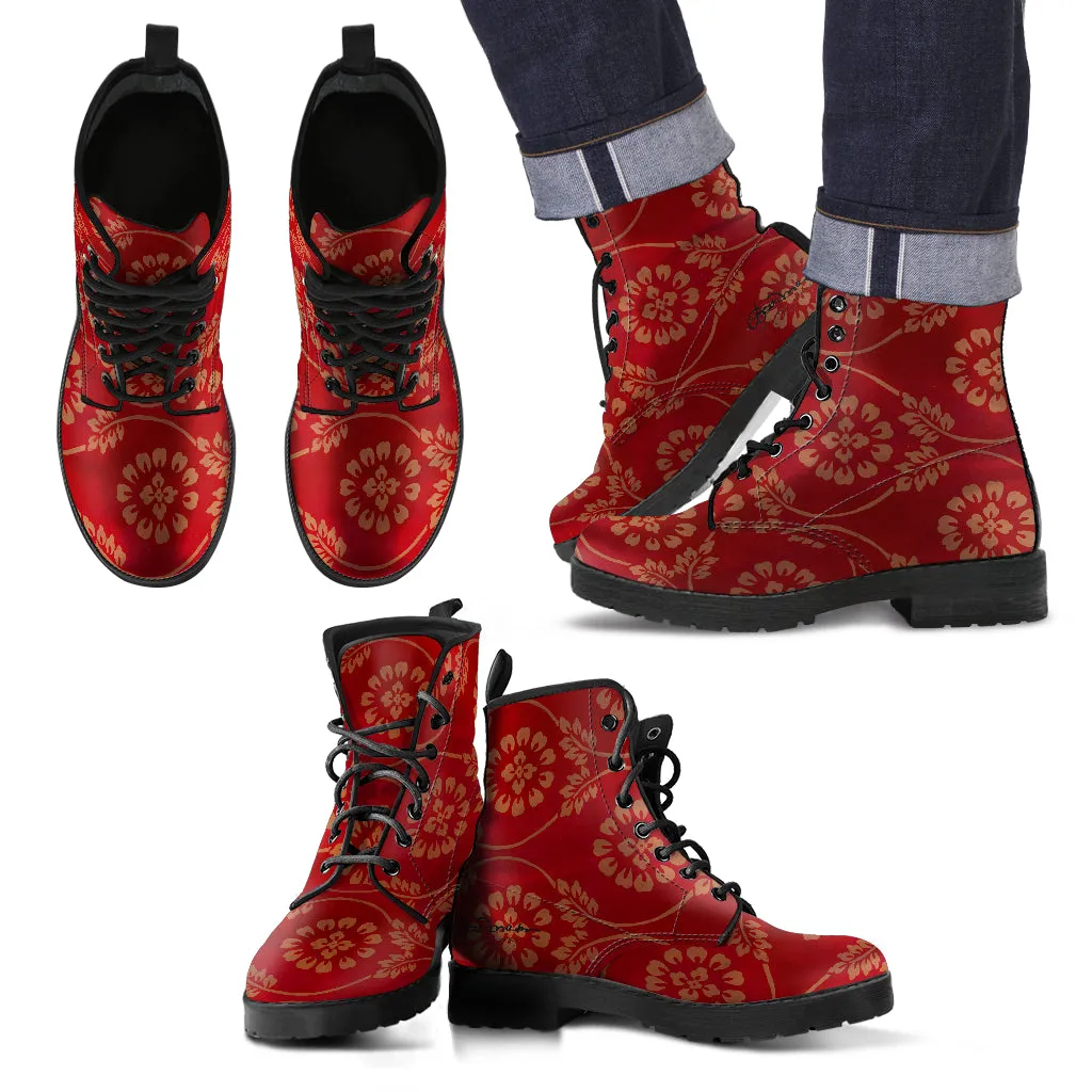 Red Pear and Almond Buff coloured Turkish Tapestry Leather Boots (Vegan)