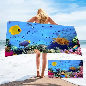 Seaside Portable Microfiber Beach Swim Printed Bath Towel 130x80cm(Turtle   Fish)