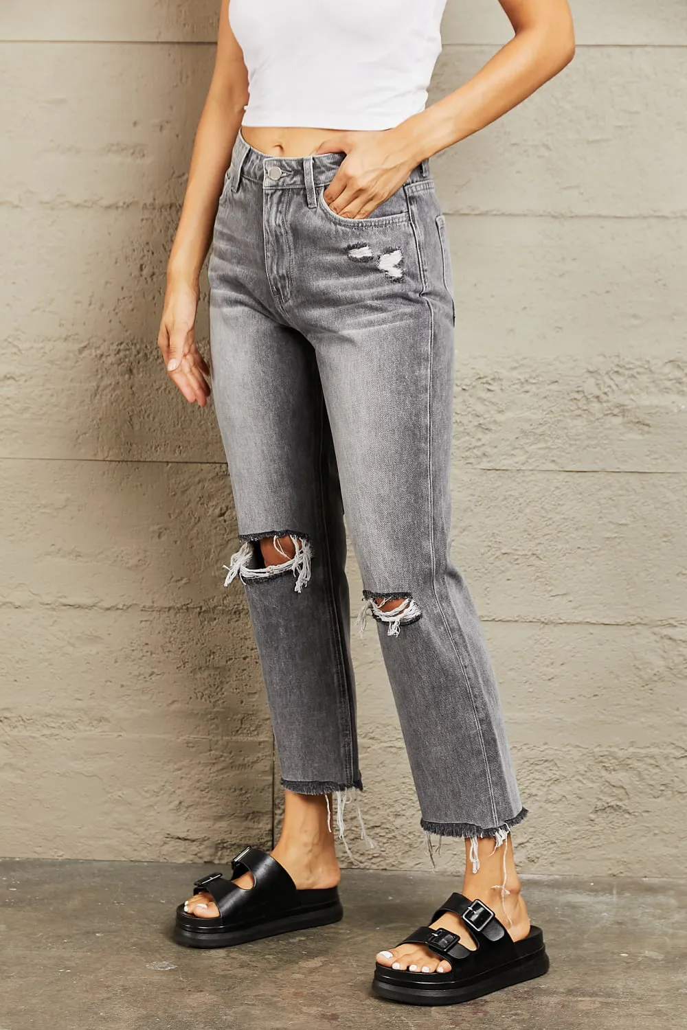 Stone Wash Distressed Cropped Straight Jeans