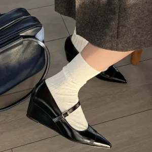 TAVIMART  -  Design Summer Vintage Wedges Heels Black Mary Jane Shoes Women Spring Silver Elegant Pointy Toe Pumps High Quality