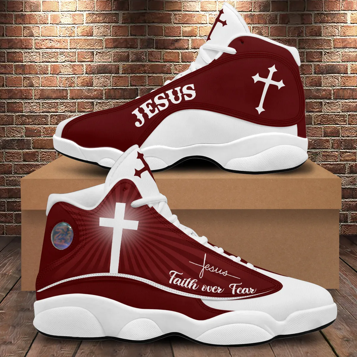 Teesdily | Jesus Faith Over Fear Basketball Shoes, Jesus Basketball Shoes Red Design, Gift For Jesus Lovers, Christian Gifts Unisex Basketball Shoes