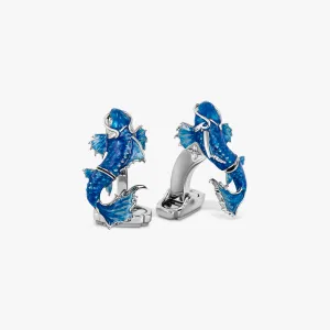 THOMPSON Koi Fish Cufflinks in White Bronze Plated with Blue Enamel