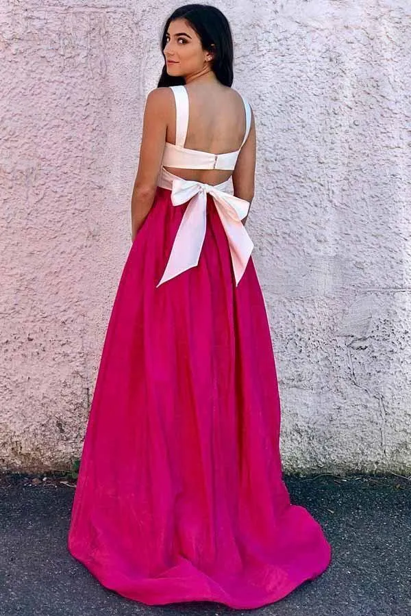 Two Piece Scoop Fuchsia Satin Prom/Formal Dress with Bowknot PG822