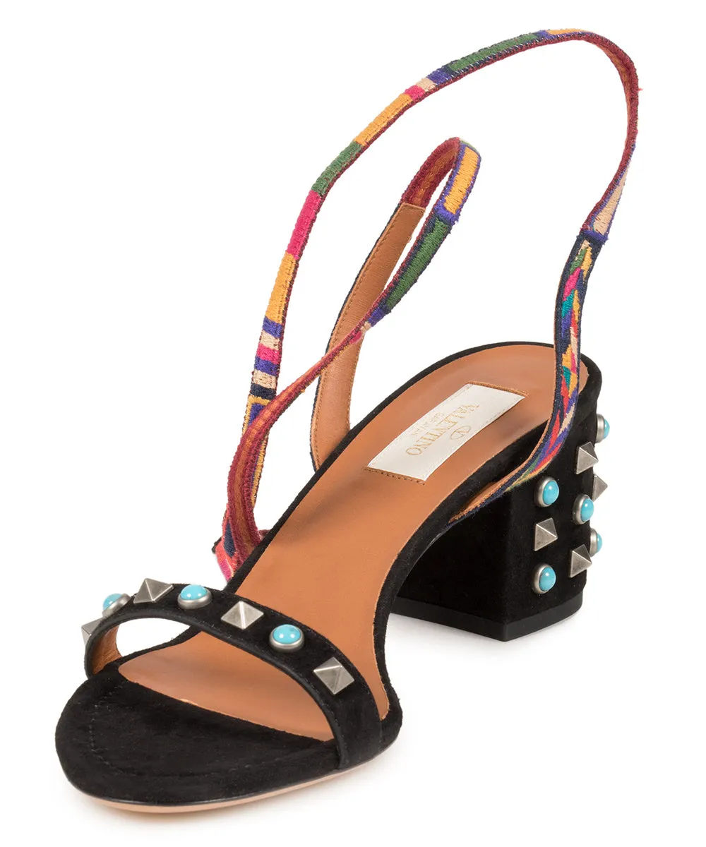 Valentino Black Suede Multicolored Rockstud Sandals