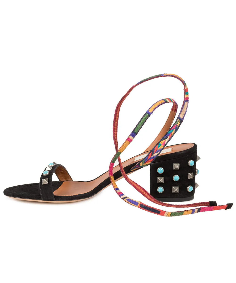 Valentino Black Suede Multicolored Rockstud Sandals