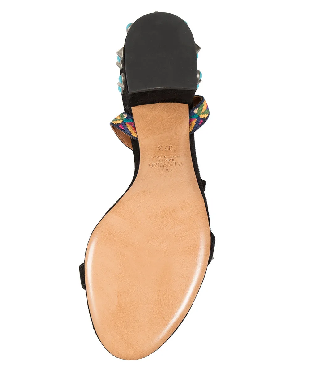 Valentino Black Suede Multicolored Rockstud Sandals