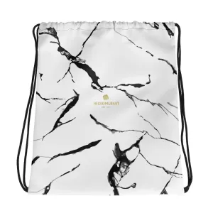 White Marble Drawstring Bag, Marbled Print Designer 15x17" Premium Quality Best Drawstring Bag- Made in USA/EU