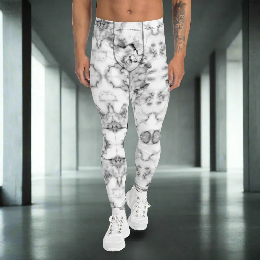 White Marble Print Men's Leggings, Grey White Marbled Pattern Printed Meggings-Made in USA/EU/MX