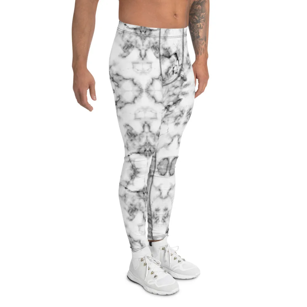 White Marble Print Men's Leggings, Grey White Marbled Pattern Printed Meggings-Made in USA/EU/MX