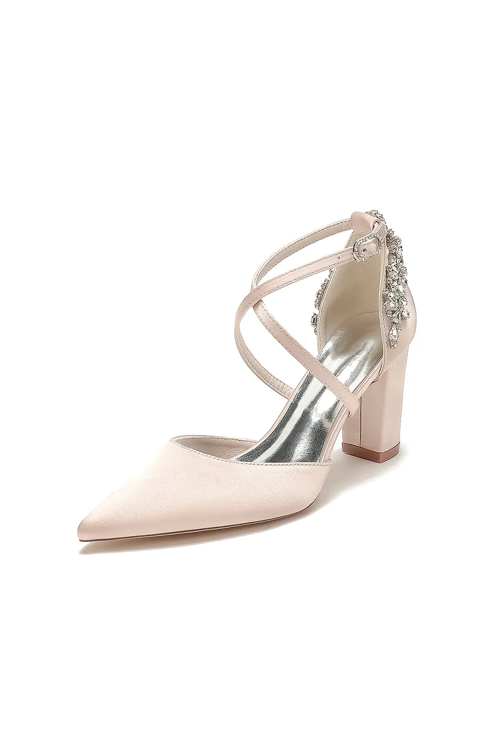 White Satin Pump with Cross-Strap and Metal Accent