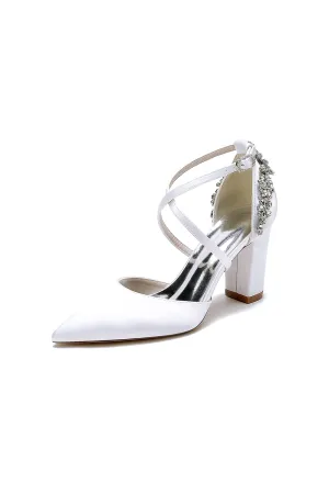 White Satin Pump with Cross-Strap and Metal Accent