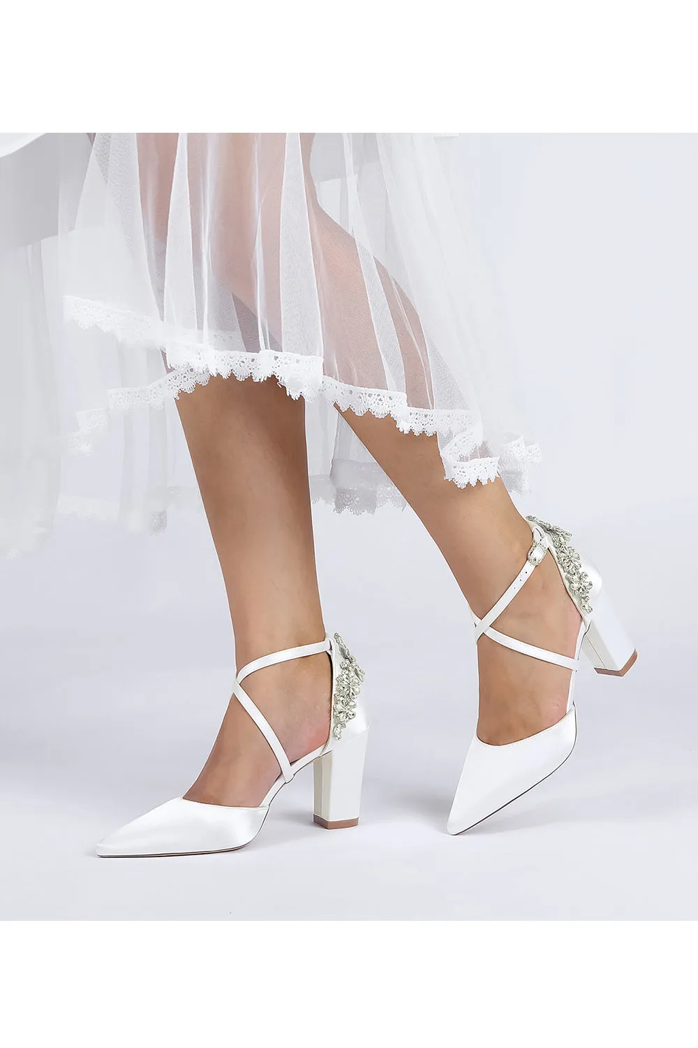 White Satin Pump with Cross-Strap and Metal Accent