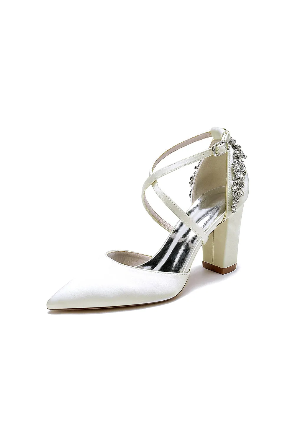 White Satin Pump with Cross-Strap and Metal Accent