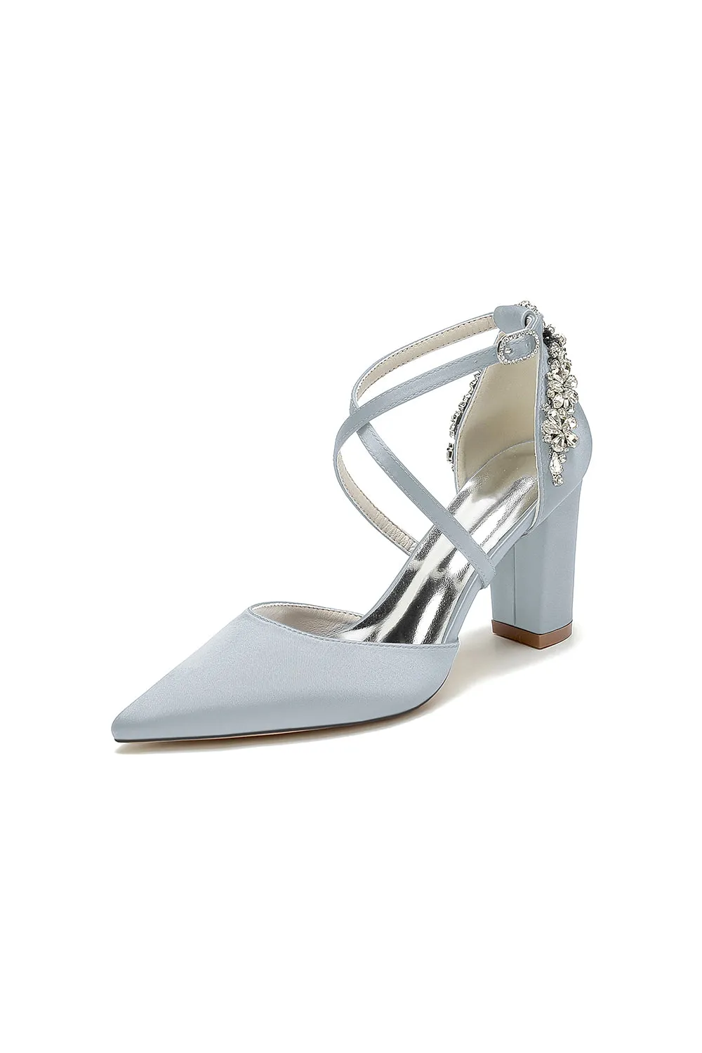 White Satin Pump with Cross-Strap and Metal Accent