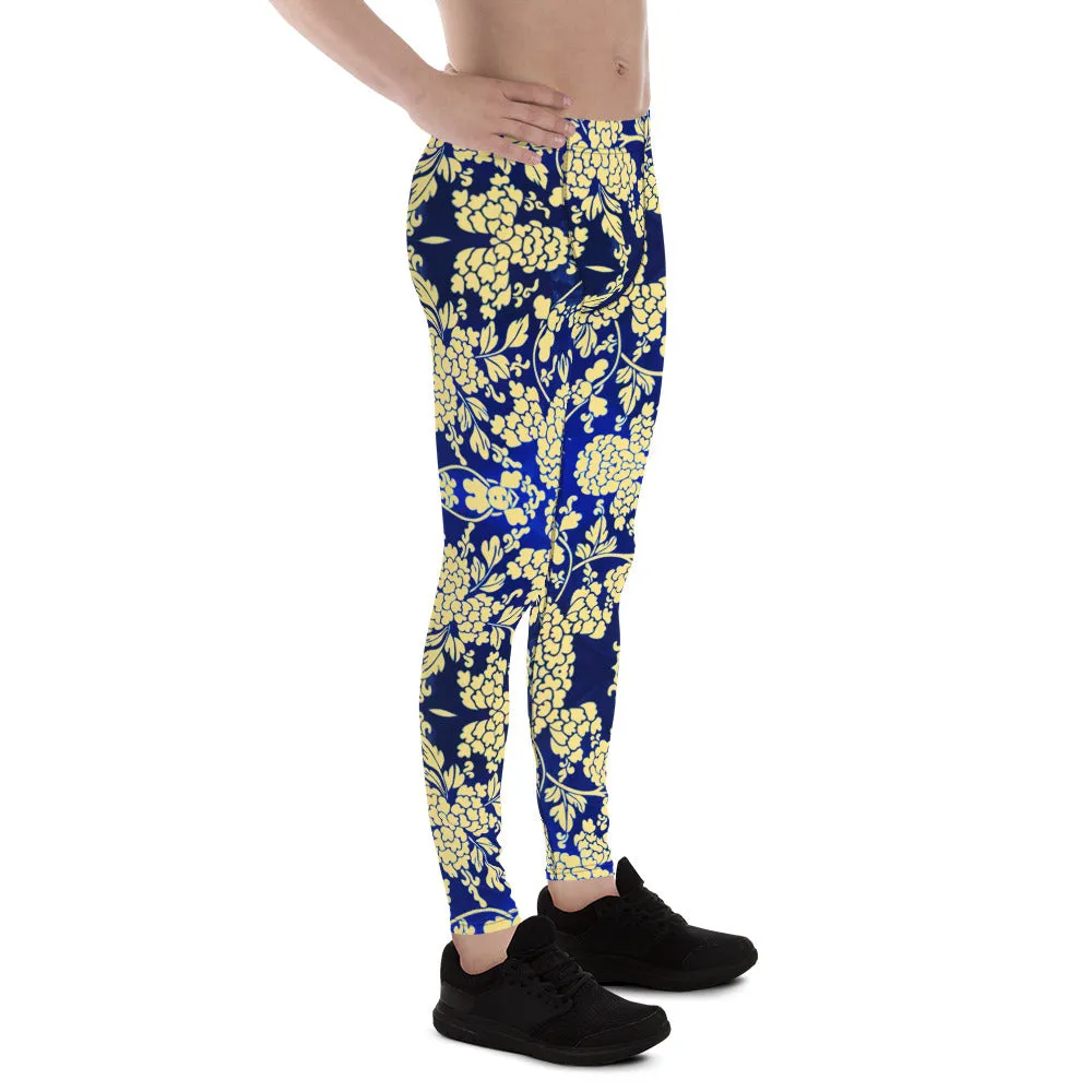 Yellow Blue Floral Men's Leggings, Best Yellow and Blue Oriental Style Floral Print Meggings Compression Tights - Made in USA/EU/MX