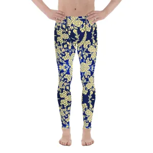 Yellow Blue Floral Men's Leggings, Best Yellow and Blue Oriental Style Floral Print Meggings Compression Tights - Made in USA/EU/MX