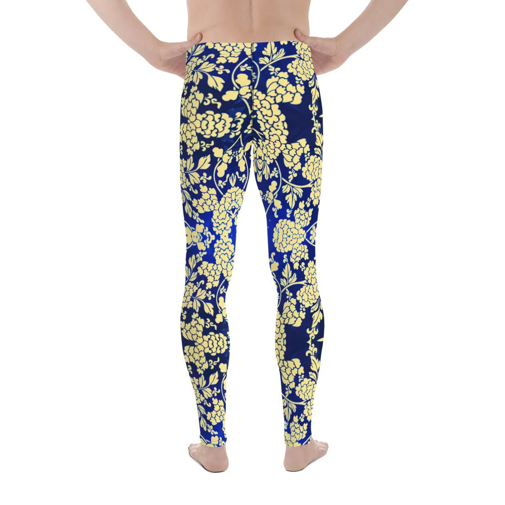 Yellow Blue Floral Men's Leggings, Best Yellow and Blue Oriental Style Floral Print Meggings Compression Tights - Made in USA/EU/MX