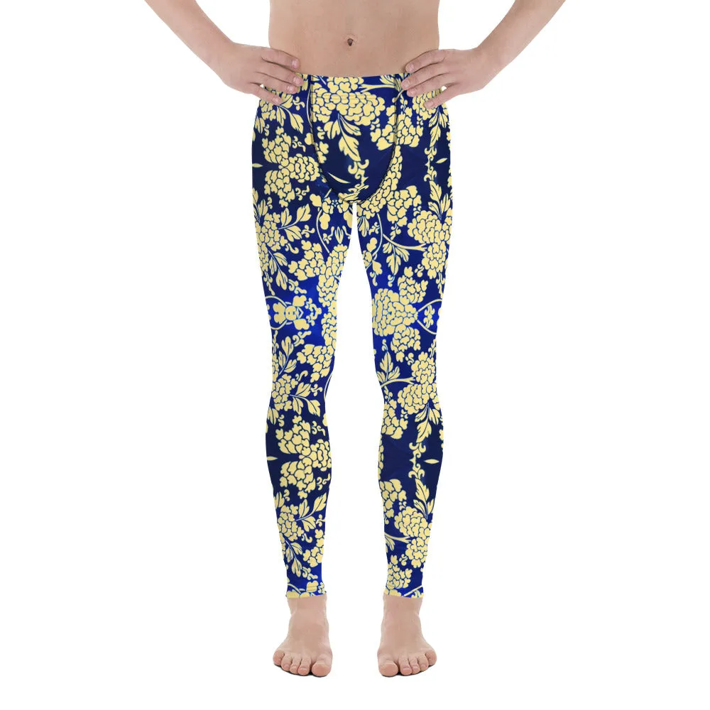 Yellow Blue Floral Men's Leggings, Best Yellow and Blue Oriental Style Floral Print Meggings Compression Tights - Made in USA/EU/MX