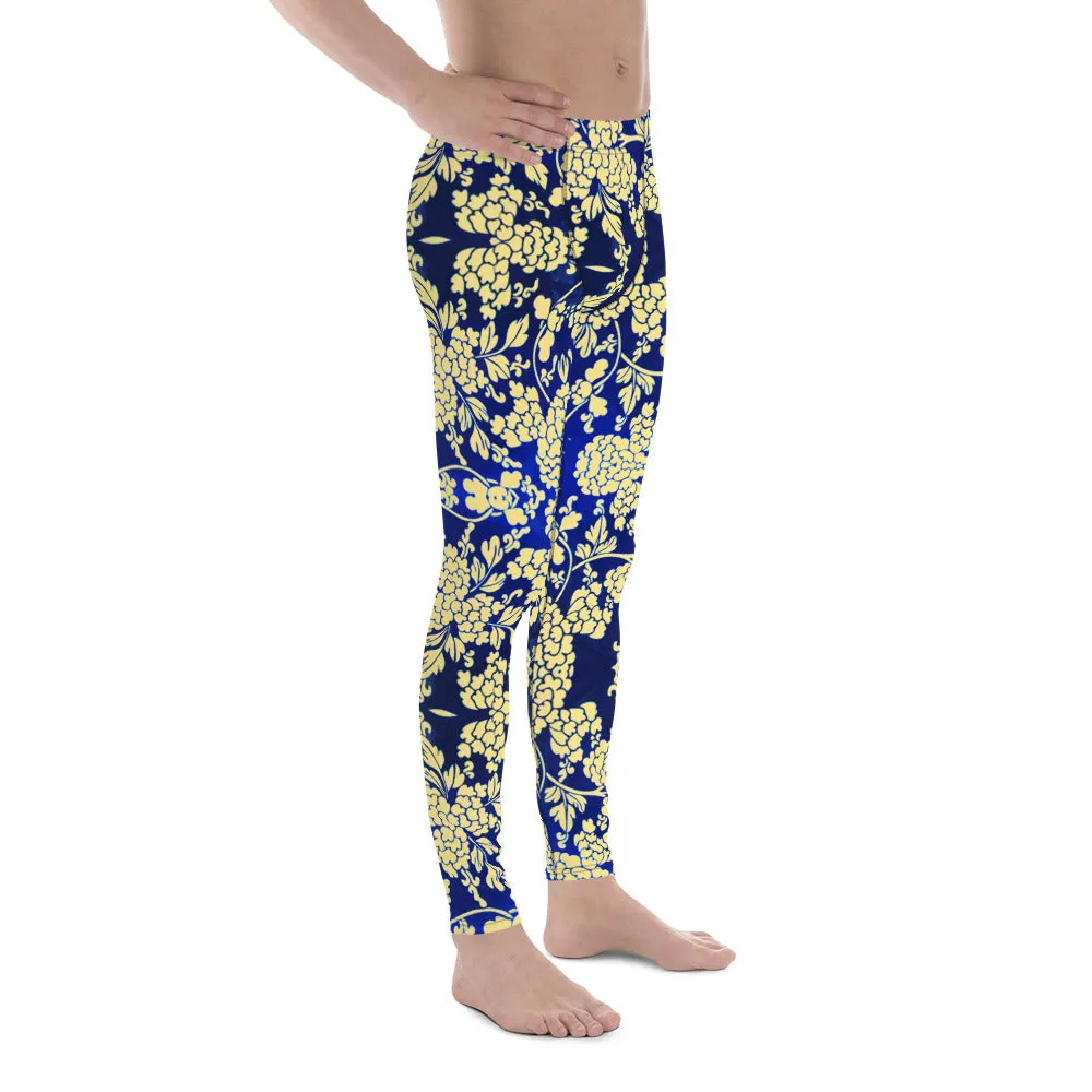 Yellow Blue Floral Men's Leggings, Best Yellow and Blue Oriental Style Floral Print Meggings Compression Tights - Made in USA/EU/MX