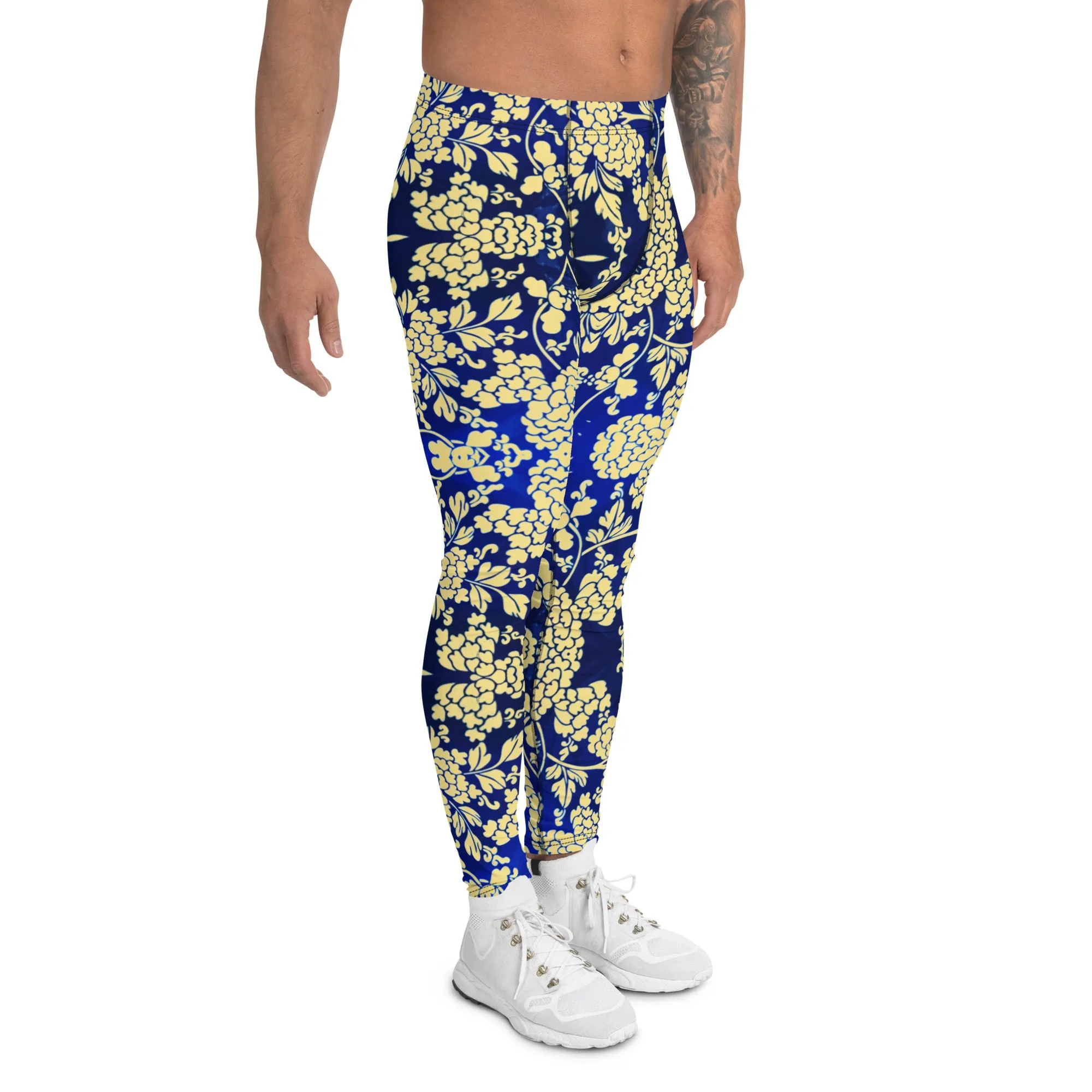 Yellow Blue Floral Men's Leggings, Best Yellow and Blue Oriental Style Floral Print Meggings Compression Tights - Made in USA/EU/MX