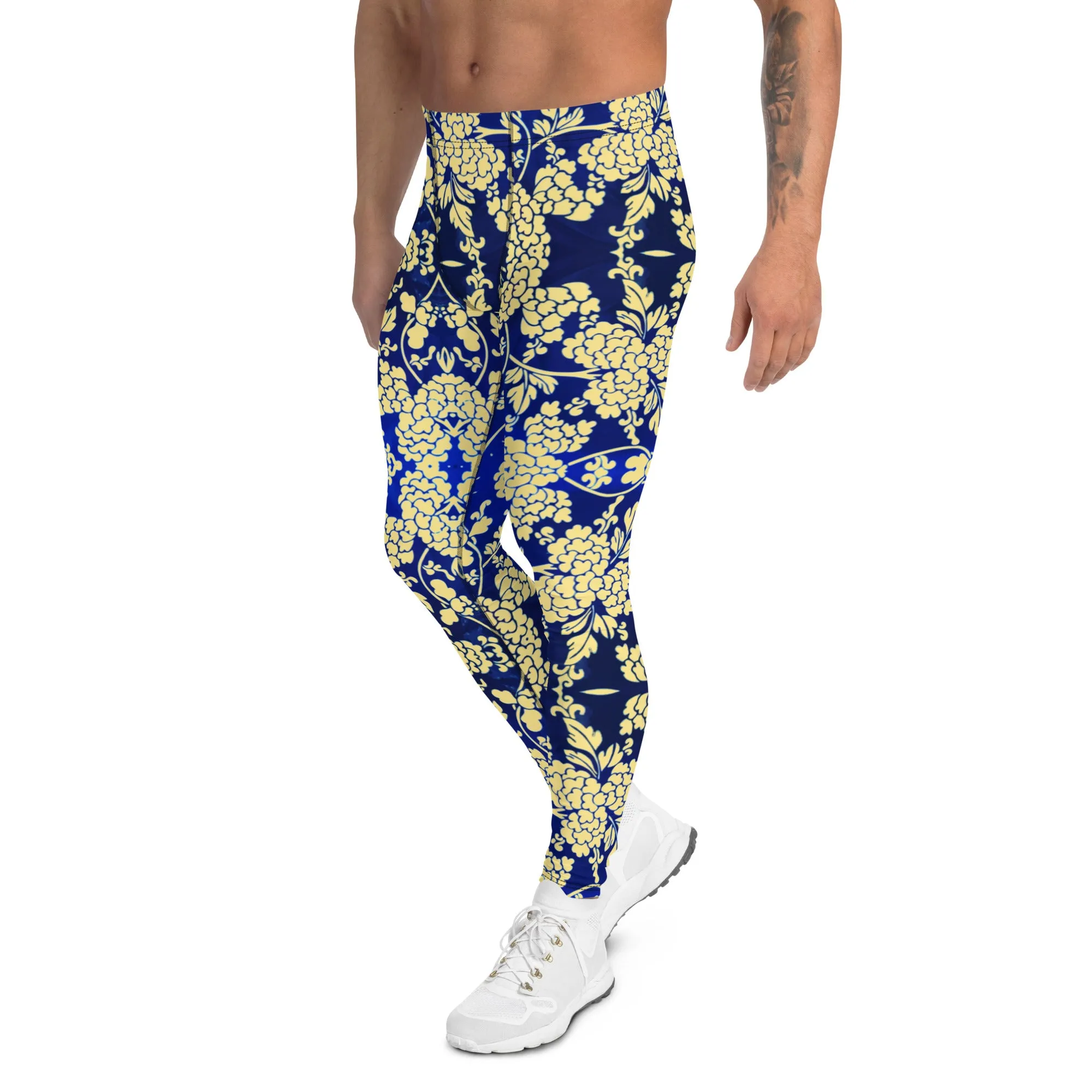 Yellow Blue Floral Men's Leggings, Best Yellow and Blue Oriental Style Floral Print Meggings Compression Tights - Made in USA/EU/MX